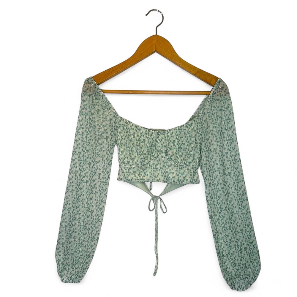 Altar'd State Women's Mesh Long Sleeve Cropped Top XS Pistachio Green Floral 90s